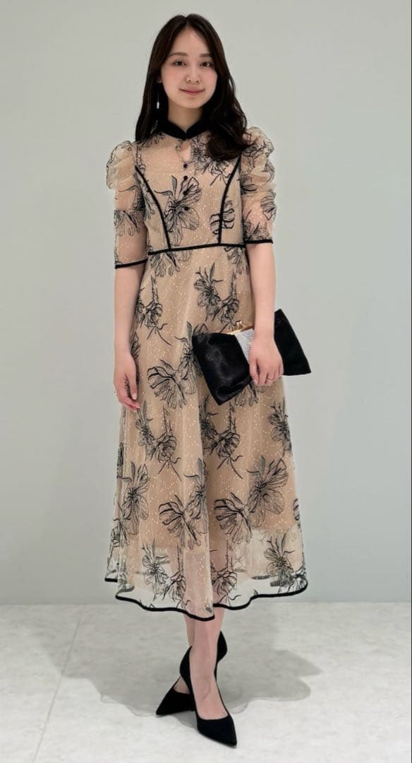 Leja 配色パイピングプチハイネック花柄刺繍ラメレースロング丈ドレスワンピース