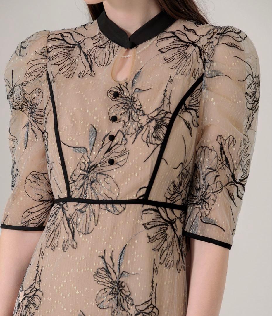 Leja 配色パイピングプチハイネック花柄刺繍ラメレースロング丈ドレスワンピース