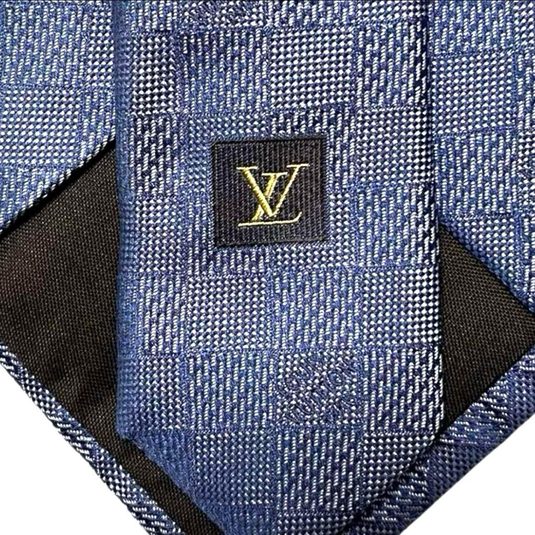 極美品　Louis Vuitton ダミエクラシック　ブルー　　ネクタイ　肉厚