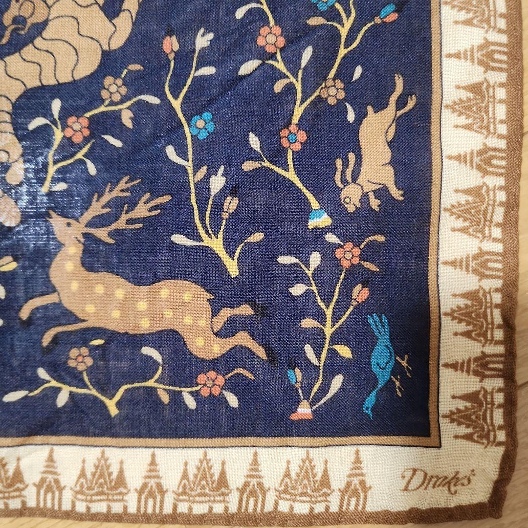 Drake's 動物柄 ネイビー スカーフ ウールシルク