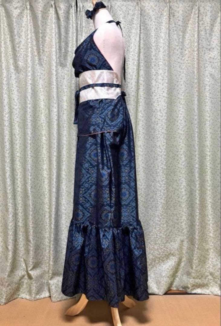 美　大島紬　着物リメイクドレス　マキシ丈　ドレープマーメイド　ダンス衣装　４点