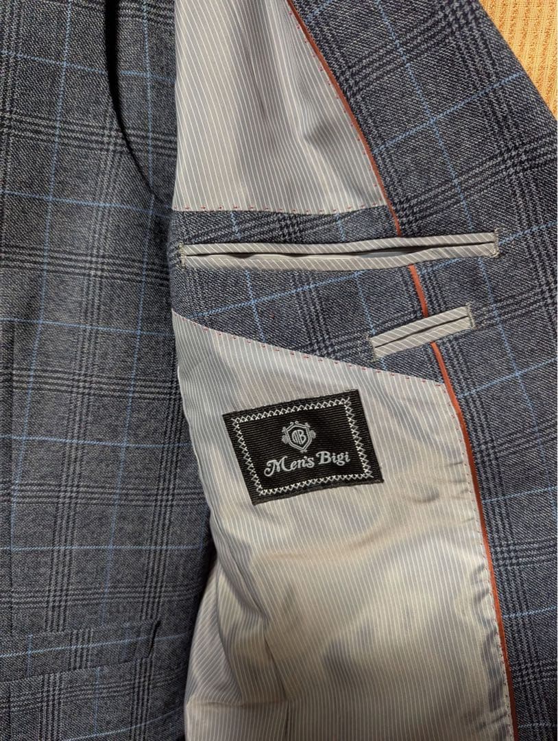 値下げ【メンズビギ】青系チェック スリーピーススーツ