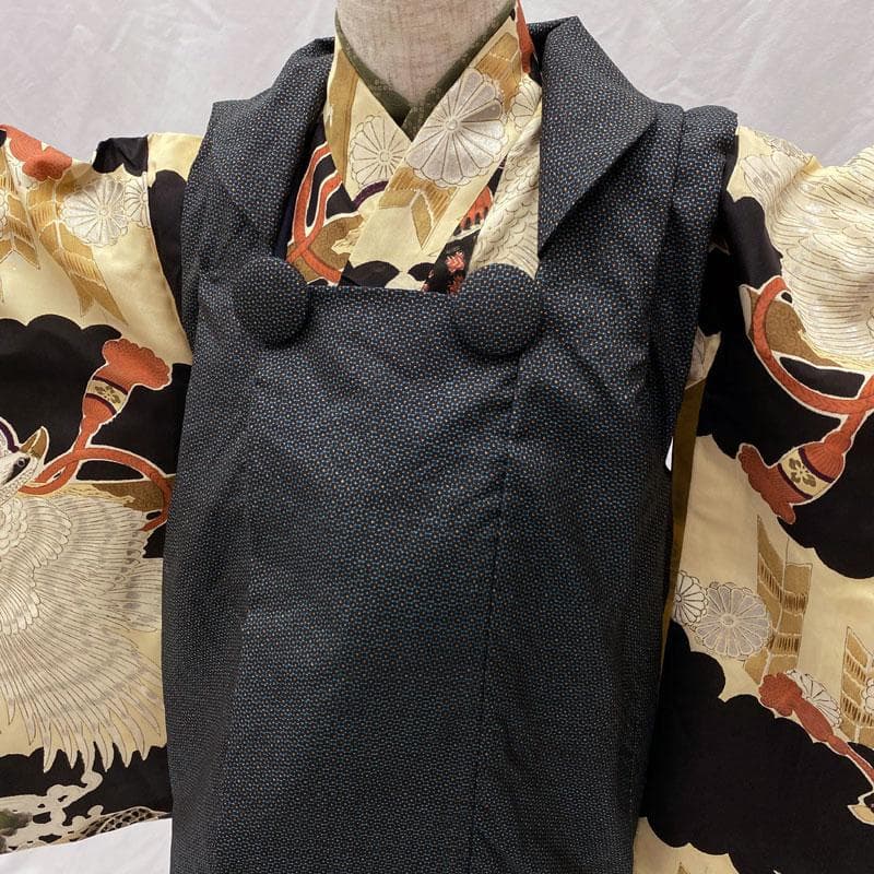 507ab32,楽々衿◎七五三 三歳 男の子セミアンティーク着物&被布 鯉 黒◎