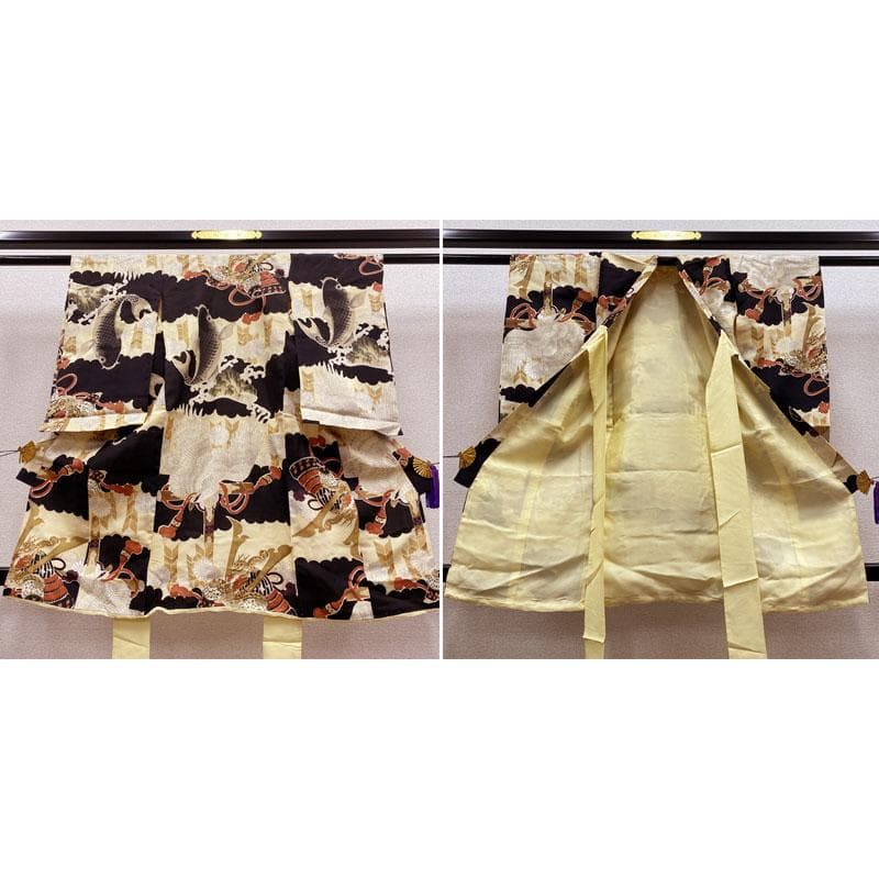 507ab32,楽々衿◎七五三 三歳 男の子セミアンティーク着物&被布 鯉 黒◎