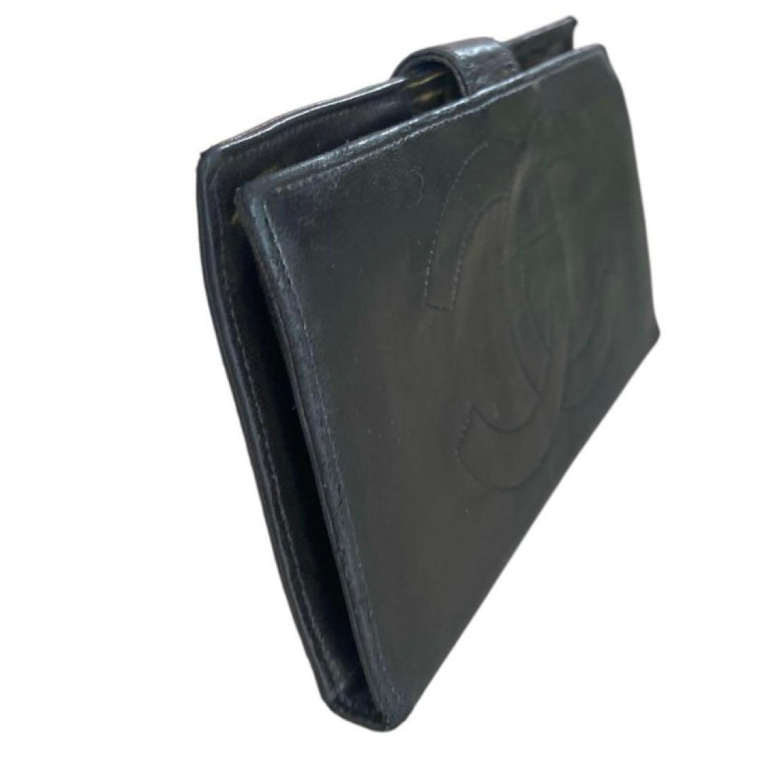 CHANEL オールドシャネル　ラムレザー　ガマ口　長財布　ココマーク　ブラック