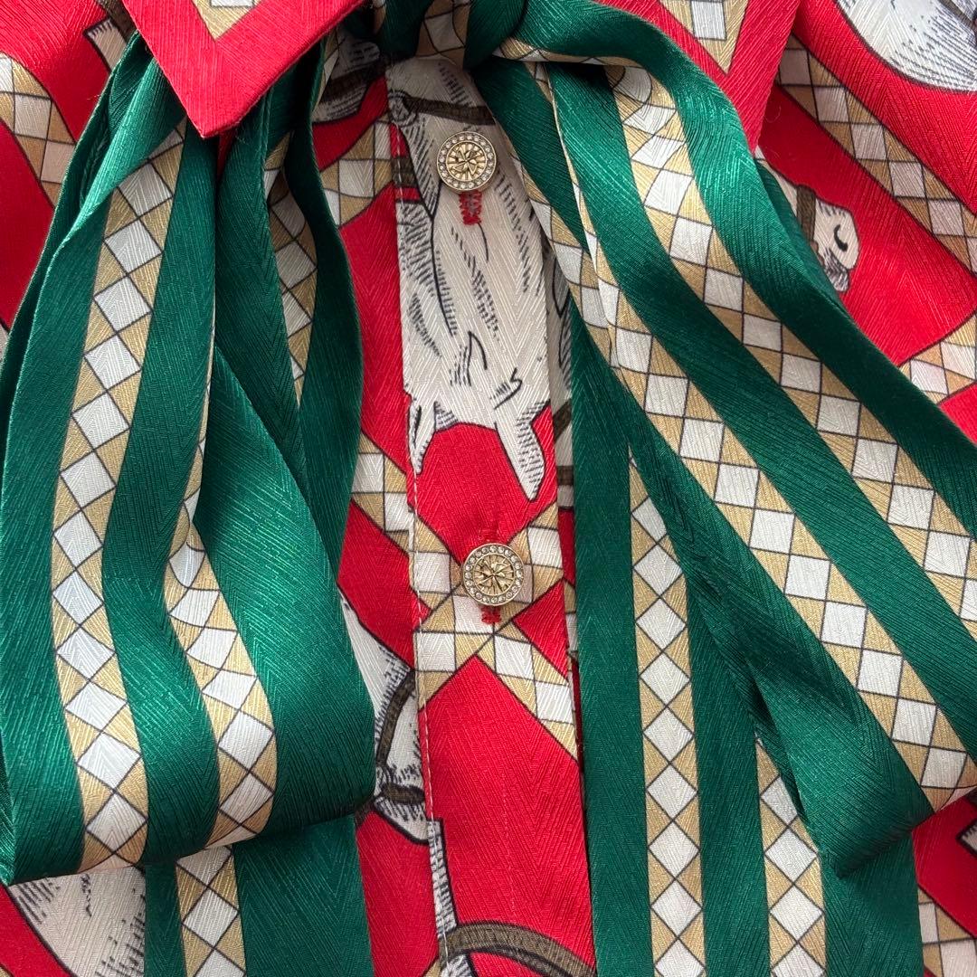 昭和レトロ 馬柄ボウタイワンピース 赤×緑 金ボタン ヴィンテージ風