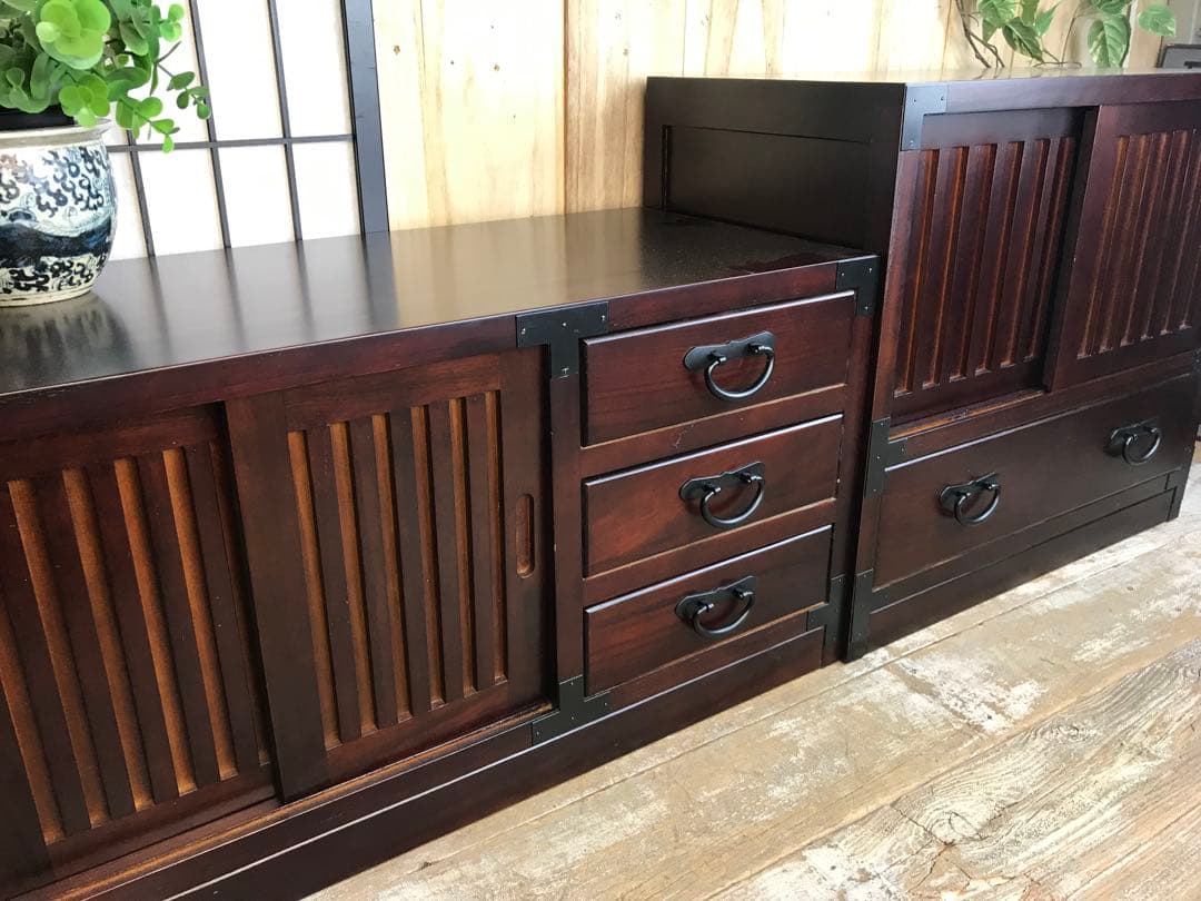 民芸家具引き戸付きタンスチェスト2点セット木製桐材天然無垢飾り棚収納家具和箪笥