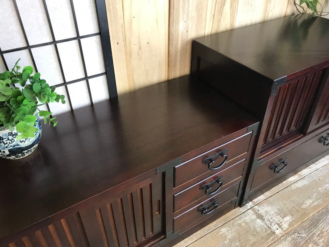 民芸家具引き戸付きタンスチェスト2点セット木製桐材天然無垢飾り棚収納家具和箪笥