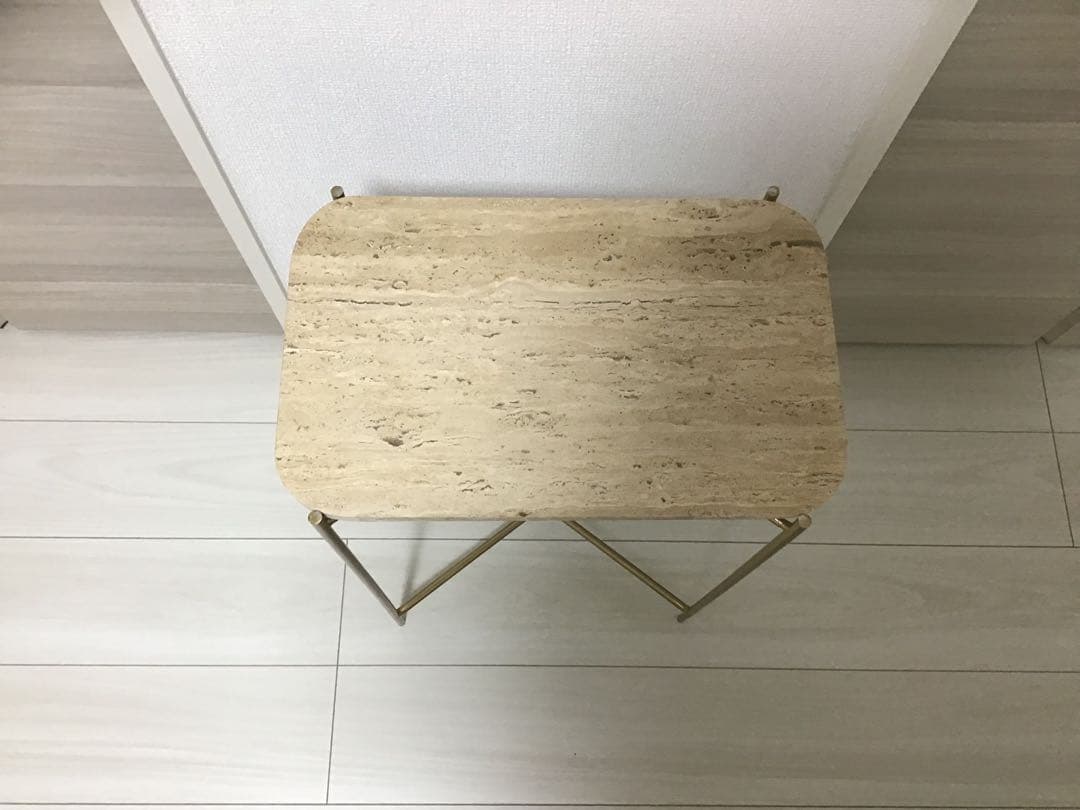 ザラホーム　トラバーチン石天板 折りたたみサイドテーブル