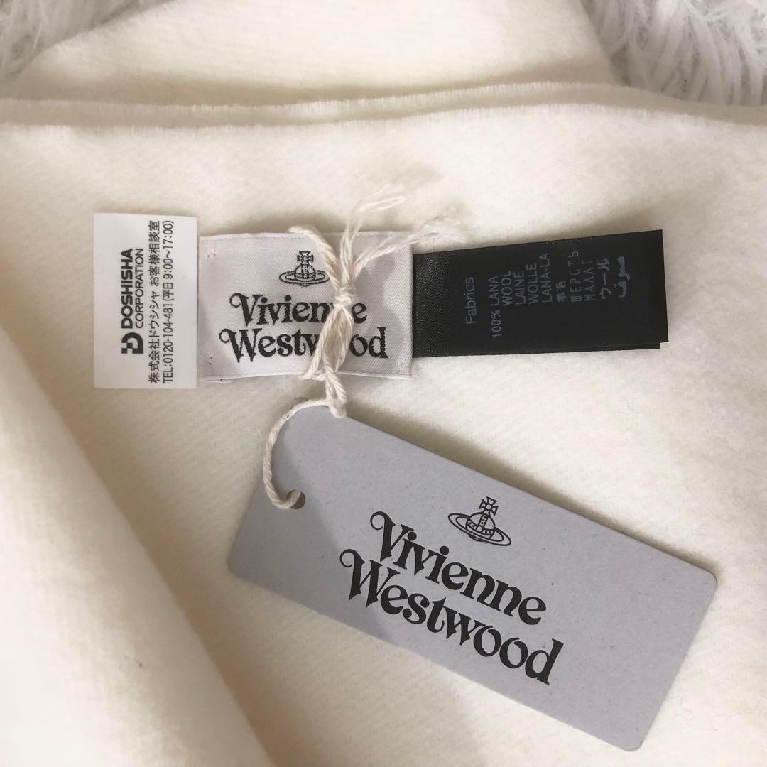 新品未使用 ヴィヴィアンウエストウッド ウールマフラー ロゴ刺繍 フリンジ 白