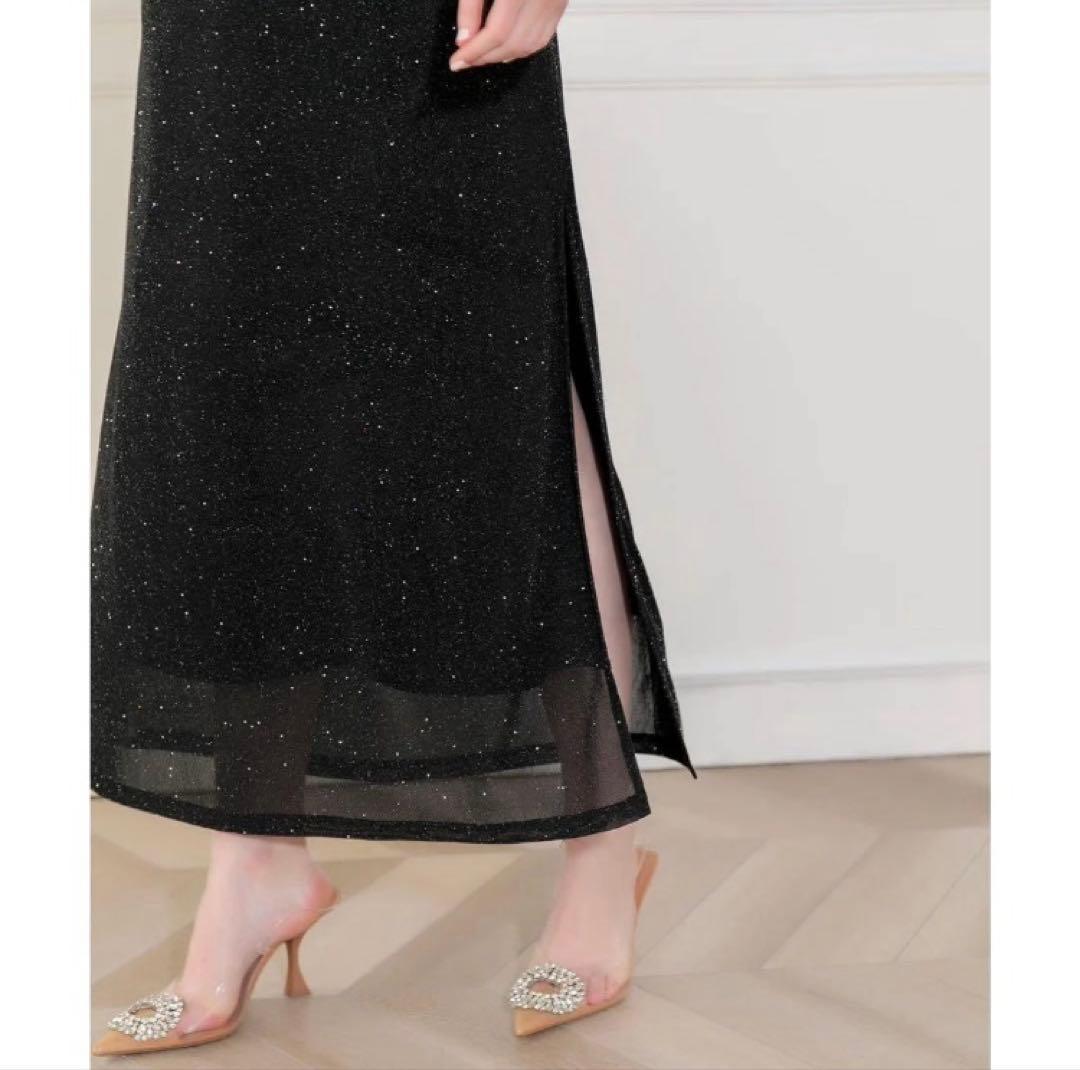 美品　レジャ　レースネック透け袖スリットキラキラロングドレスワンピース