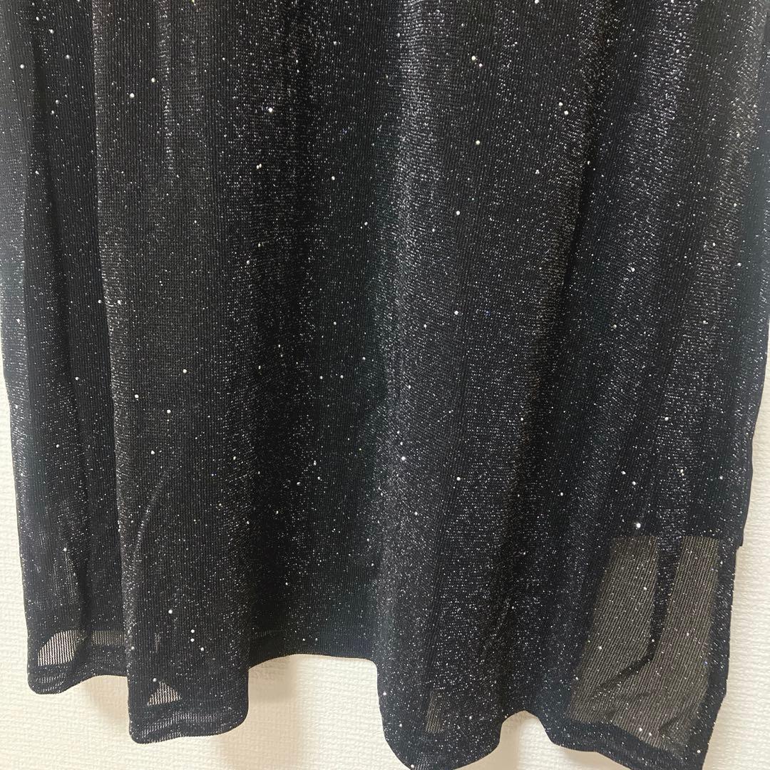 美品　レジャ　レースネック透け袖スリットキラキラロングドレスワンピース