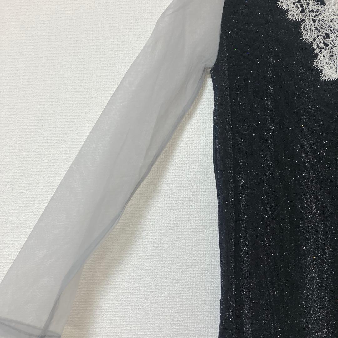 美品　レジャ　レースネック透け袖スリットキラキラロングドレスワンピース