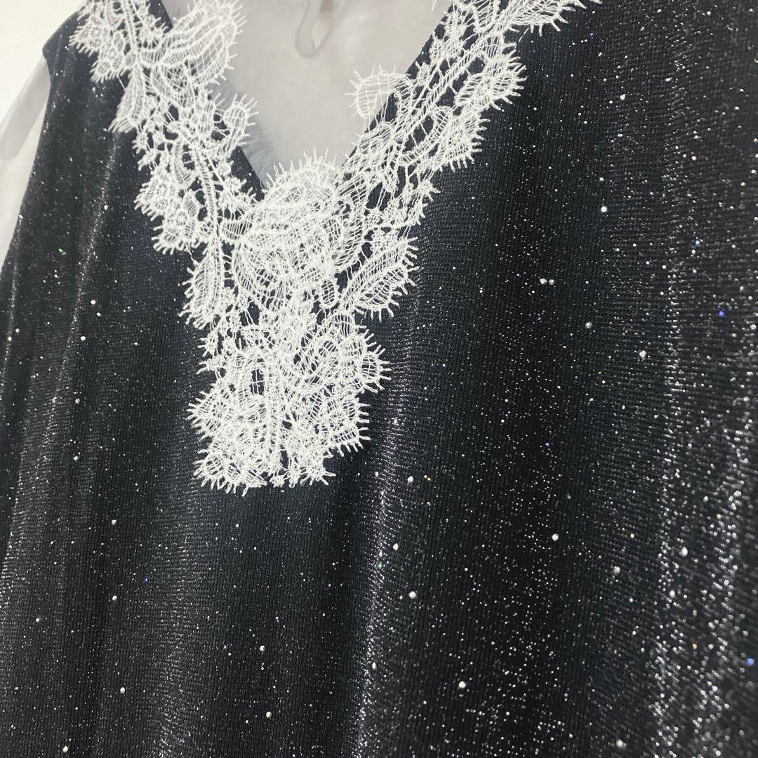 美品　レジャ　レースネック透け袖スリットキラキラロングドレスワンピース