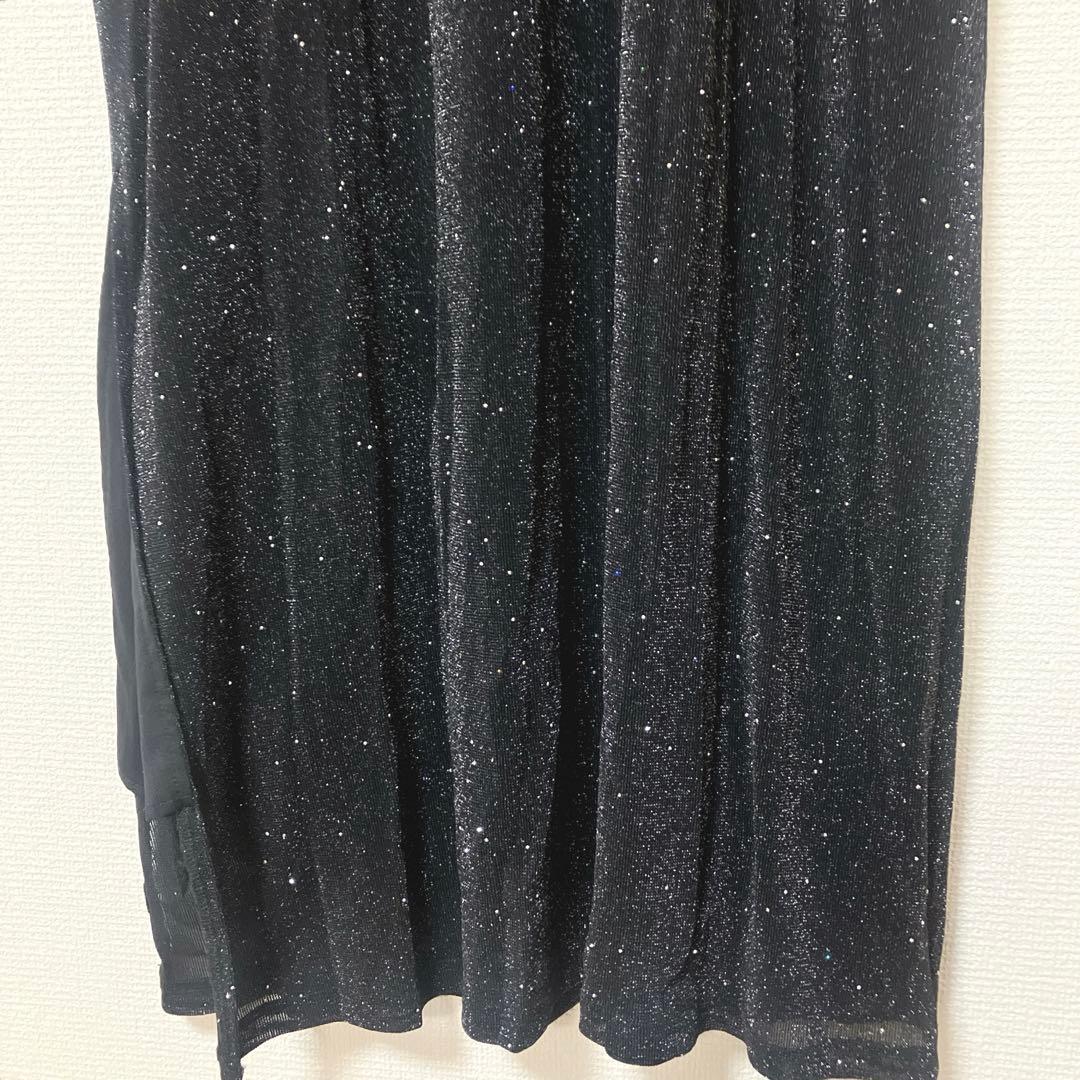 美品　レジャ　レースネック透け袖スリットキラキラロングドレスワンピース