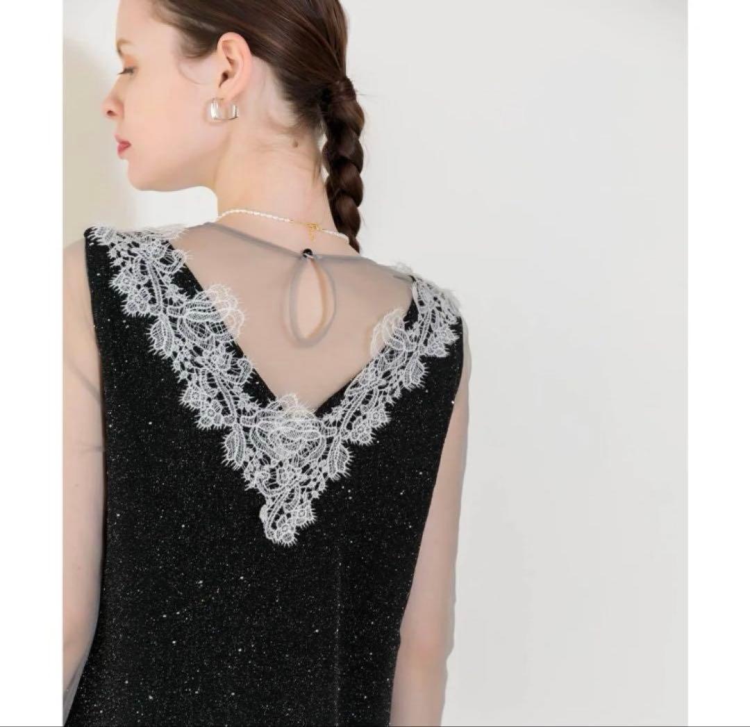 美品　レジャ　レースネック透け袖スリットキラキラロングドレスワンピース