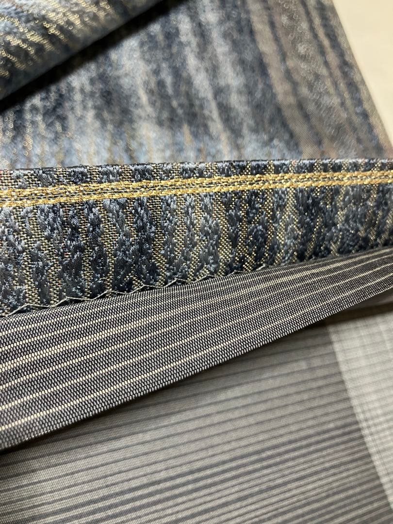 藍染 袋帯 全通柄 正絹 金通し 縦縞 未使用 イ6376