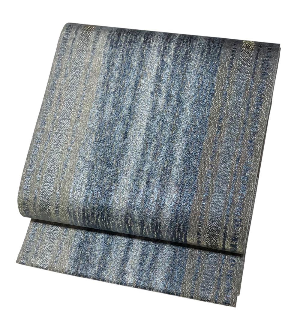 藍染 袋帯 全通柄 正絹 金通し 縦縞 未使用 イ6376