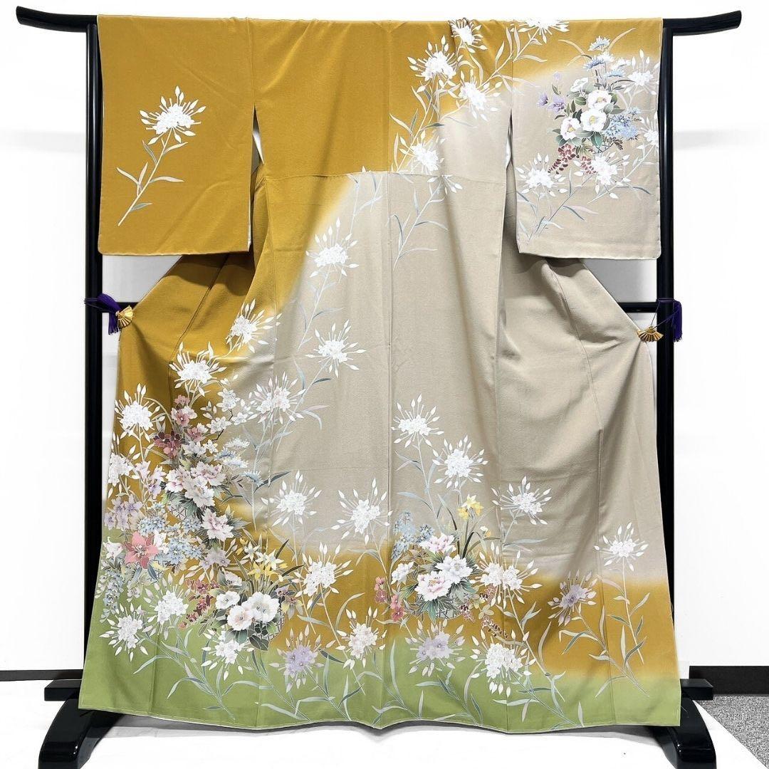 未着用　京友禅　牡丹　百合　花模様　訪問着　着物　093w p