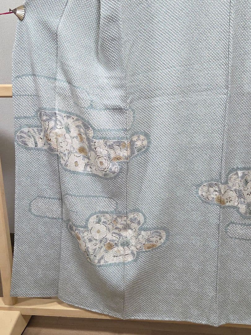 A5◆着物くつろぎ 総絞り 霞に辻が花 水色 白 袷 正絹 訪問着 着物