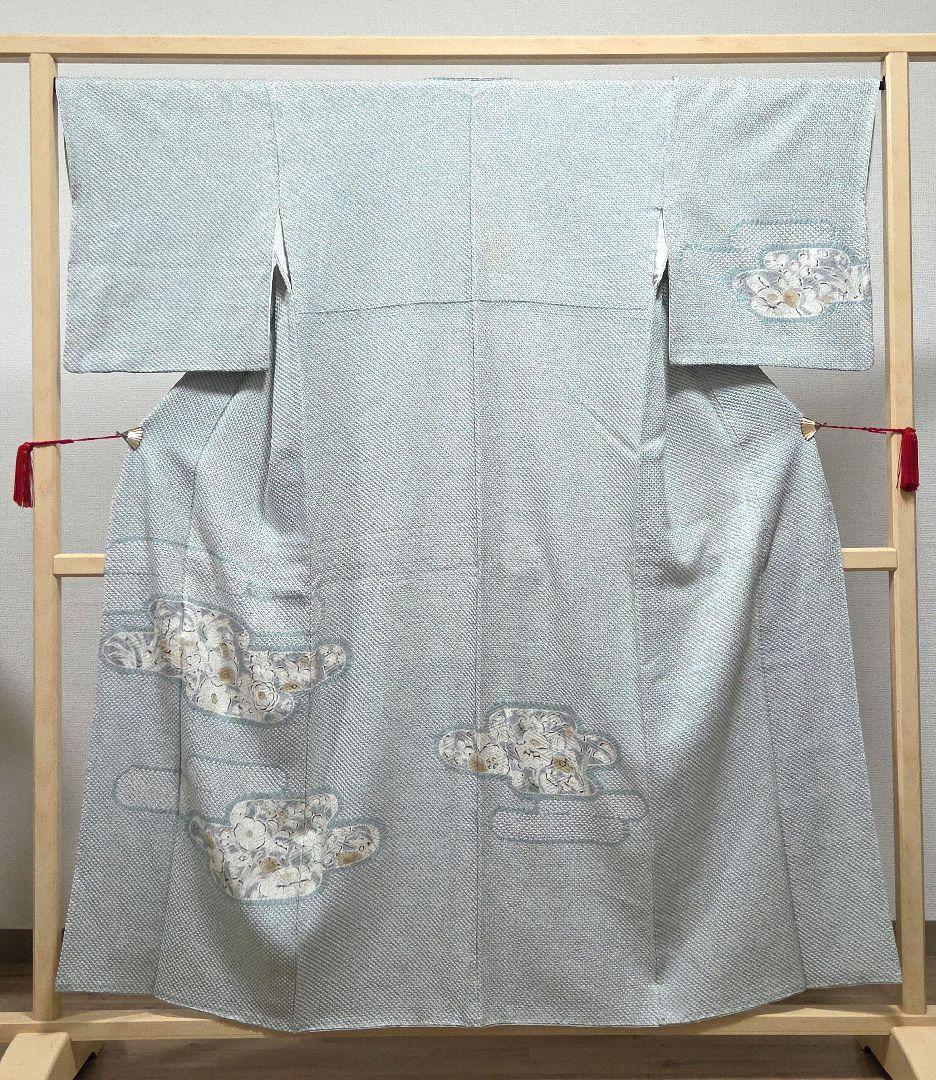 A5◆着物くつろぎ 総絞り 霞に辻が花 水色 白 袷 正絹 訪問着 着物