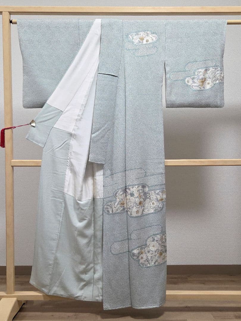 A5◆着物くつろぎ 総絞り 霞に辻が花 水色 白 袷 正絹 訪問着 着物