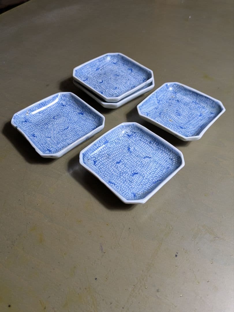 古伊万里染め付け微塵唐草図　 角豆皿　５枚　成化年製