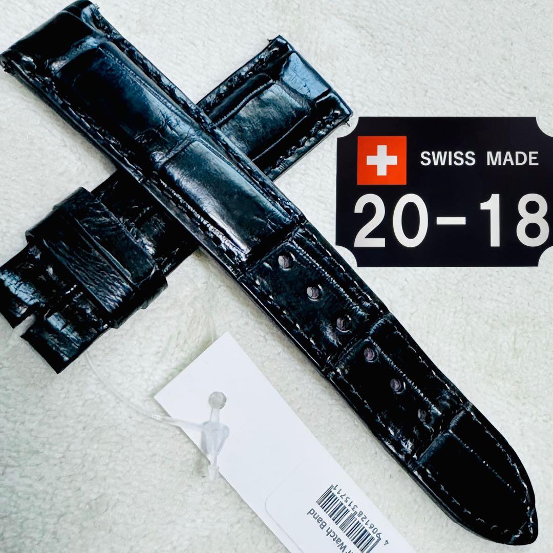 3034#20mm-18mmブラック★本物クロコダイルレザーベルト★スイス製