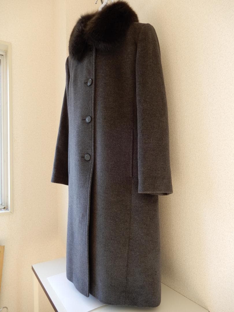 モンリーラス☆ステンカラーコートMサイズ(ブルーフォックス襟付き)グレー