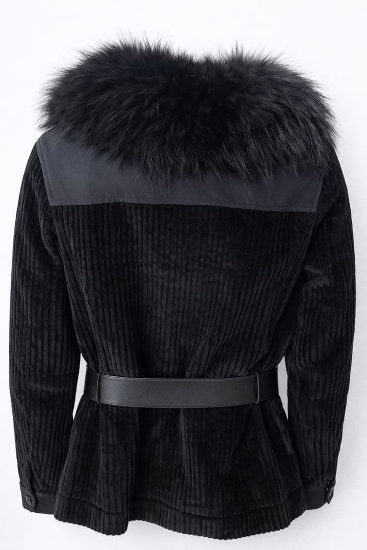 【細身S相当】PRADA ファー付コーデュロイジャケット ベルト付 ブラック