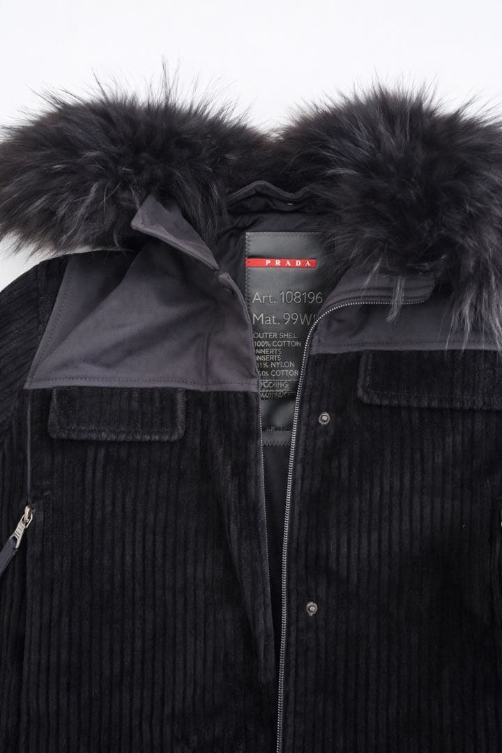 【細身S相当】PRADA ファー付コーデュロイジャケット ベルト付 ブラック