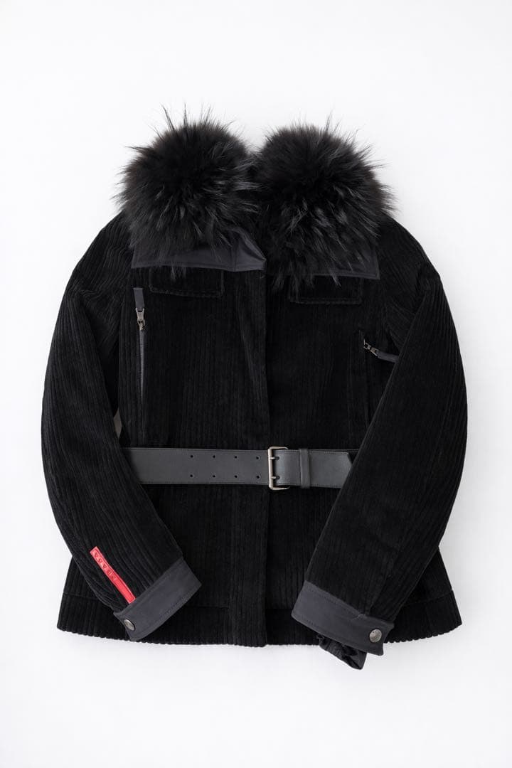 【細身S相当】PRADA ファー付コーデュロイジャケット ベルト付 ブラック