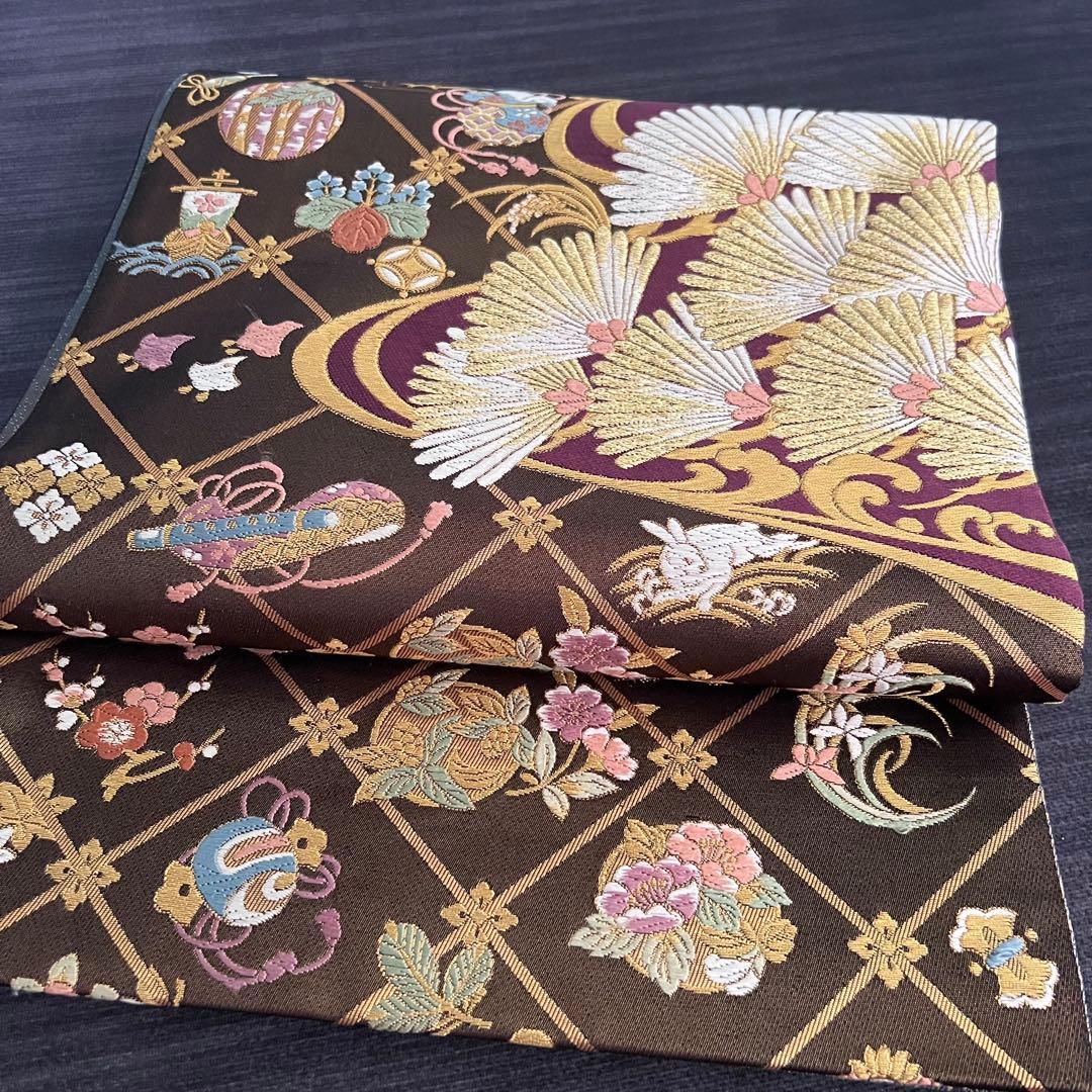【土曜日まで価格‼️】高級 袋帯 正絹 六通柄 ゴールド　ブラウン