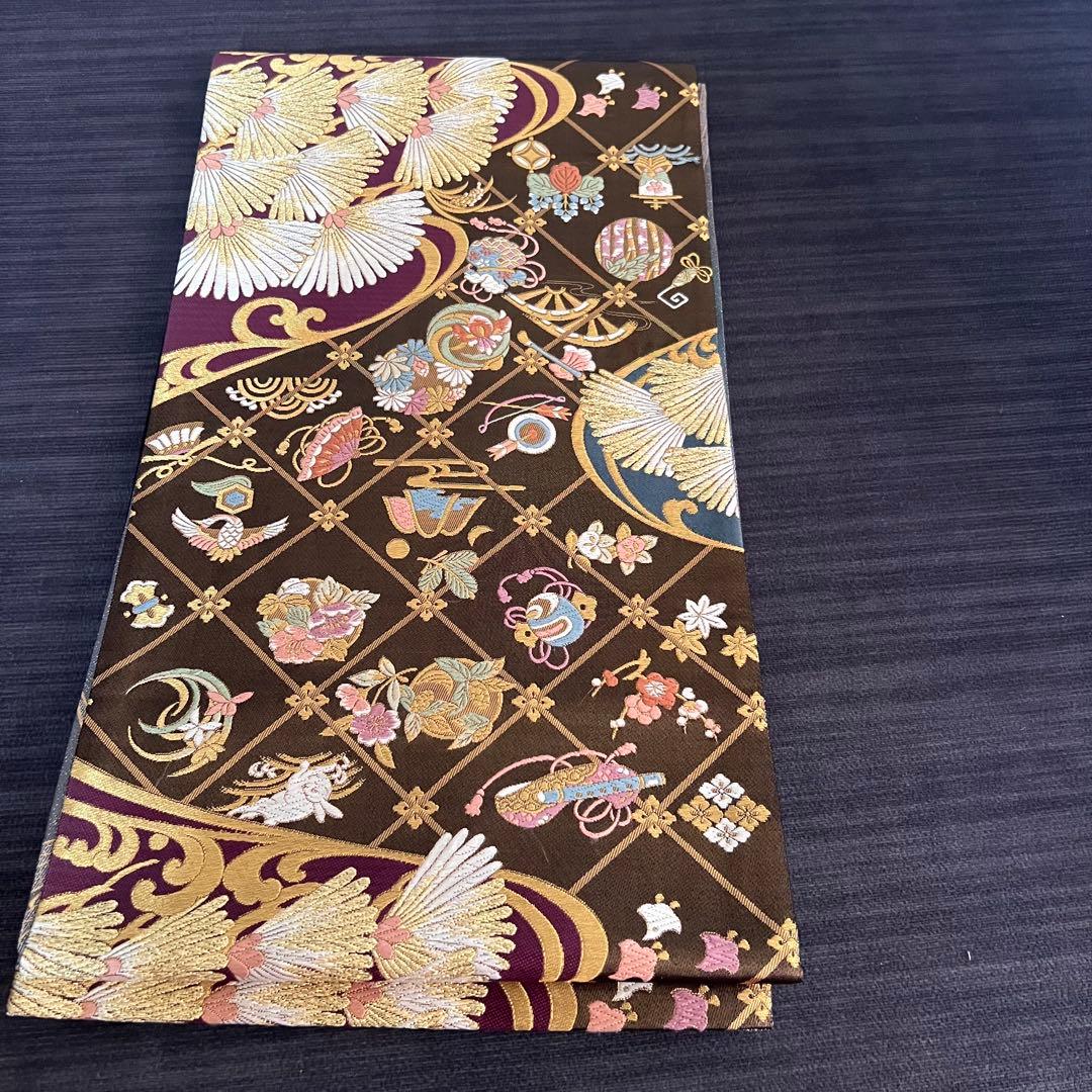 【土曜日まで価格‼️】高級 袋帯 正絹 六通柄 ゴールド　ブラウン