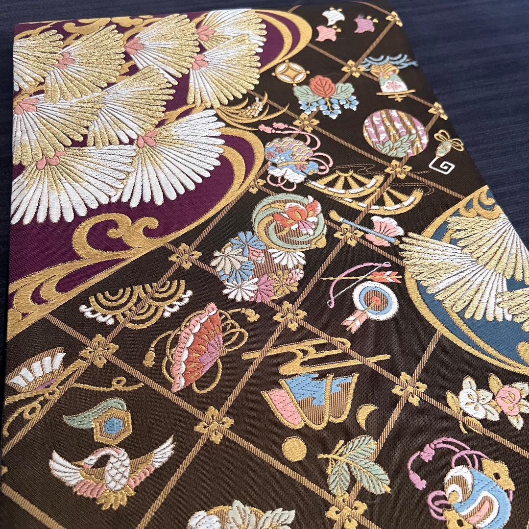 【土曜日まで価格‼️】高級 袋帯 正絹 六通柄 ゴールド　ブラウン