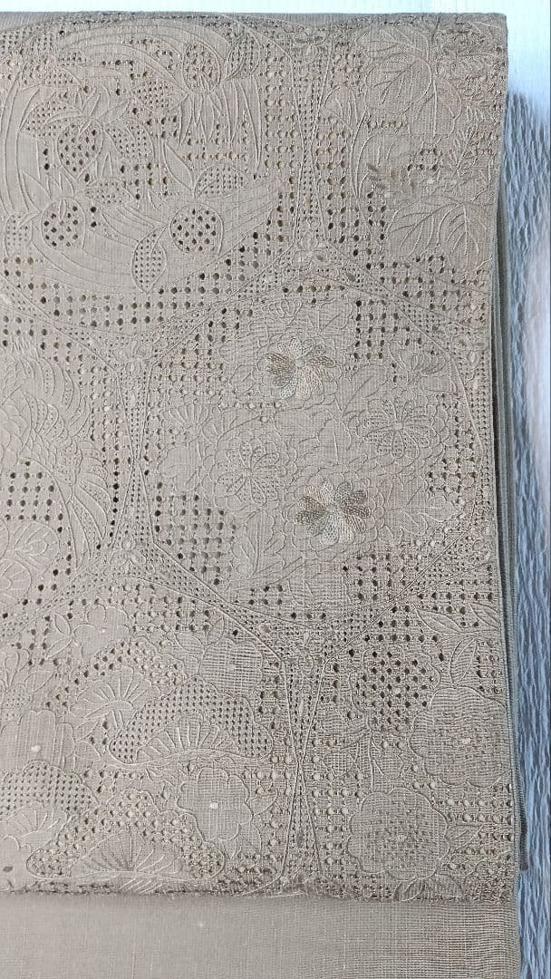 袋帯　スワトウ刺繍　紬地　正倉院花唐草文様　モスグリーン無地