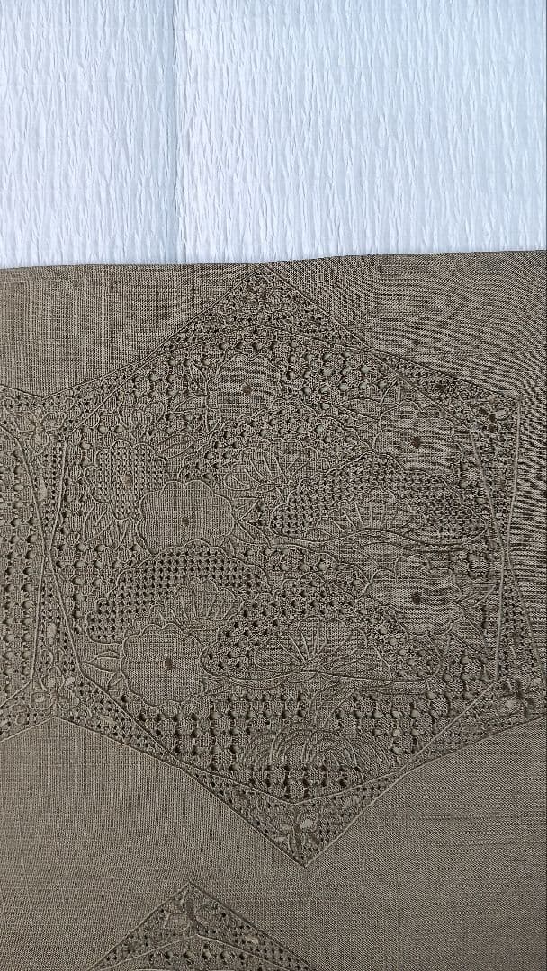 袋帯　スワトウ刺繍　紬地　正倉院花唐草文様　モスグリーン無地