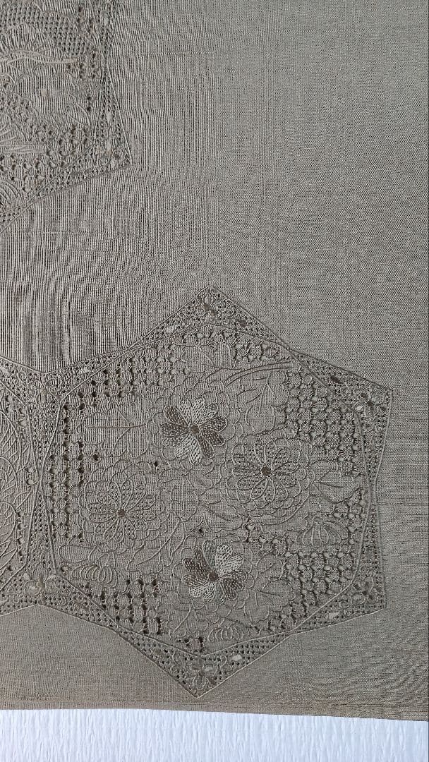 袋帯　スワトウ刺繍　紬地　正倉院花唐草文様　モスグリーン無地