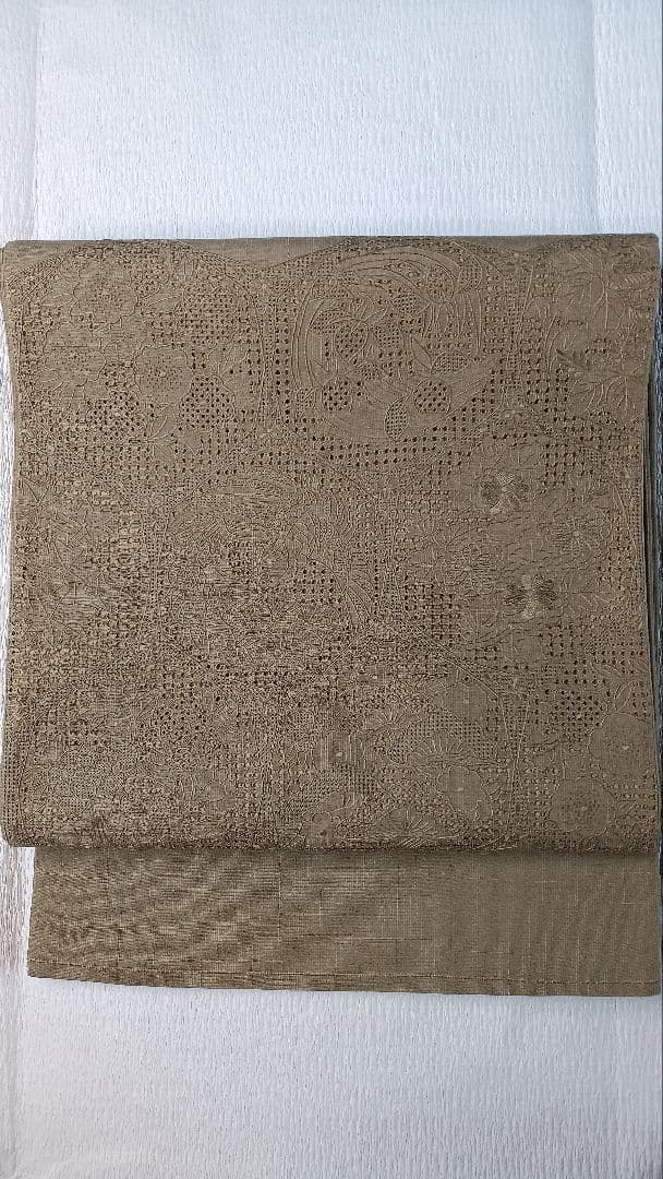 袋帯　スワトウ刺繍　紬地　正倉院花唐草文様　モスグリーン無地