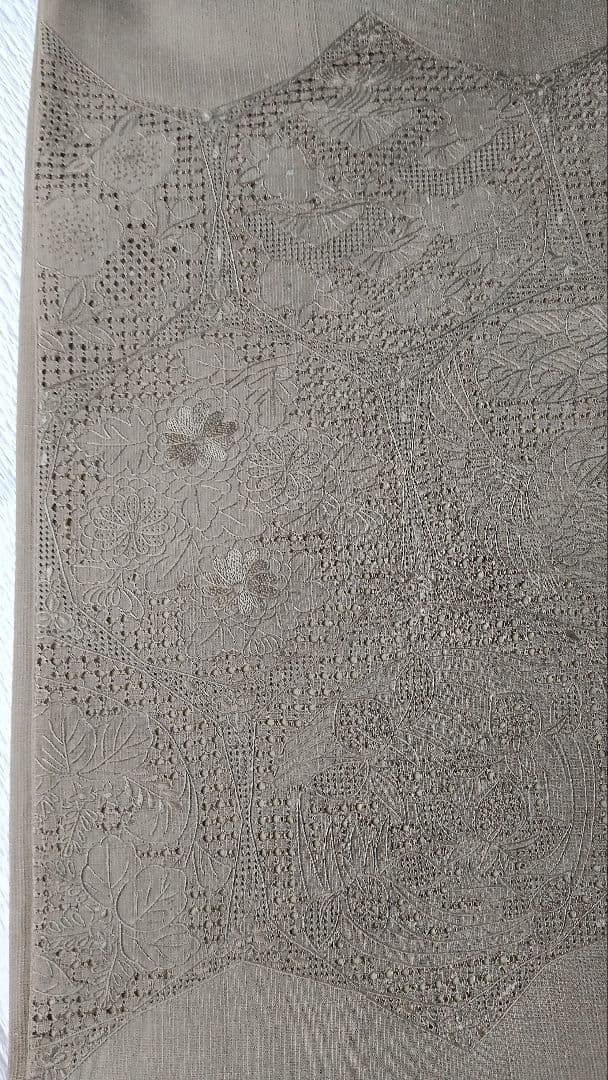 袋帯　スワトウ刺繍　紬地　正倉院花唐草文様　モスグリーン無地