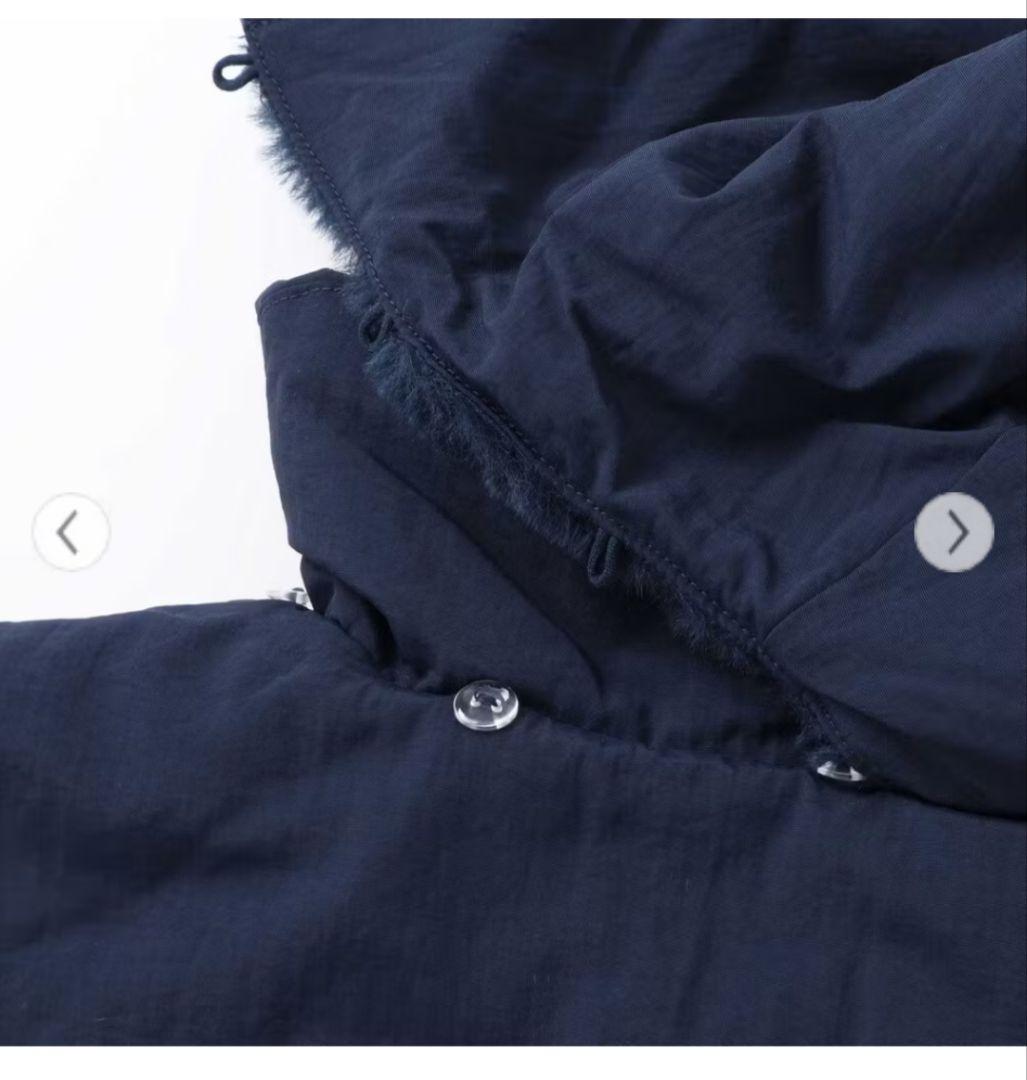 新品　ベベ　ネイビー 150ヴィンテージタフタ裏ファー裾フリルフードブルゾン