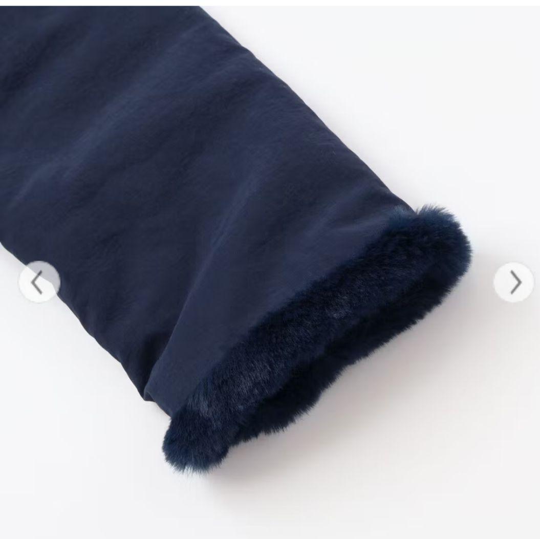 新品　ベベ　ネイビー 150ヴィンテージタフタ裏ファー裾フリルフードブルゾン