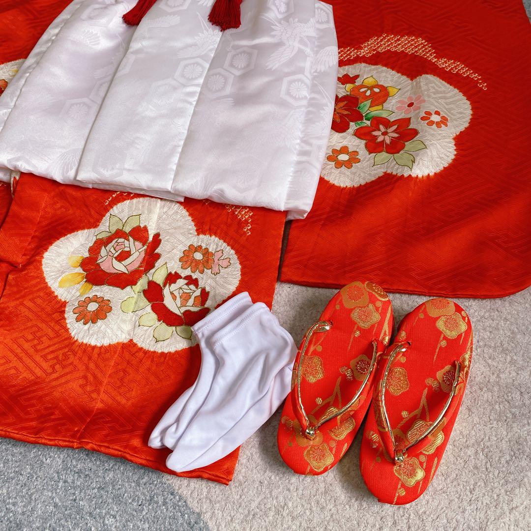 七五三 3歳 正絹 着物 被布 バッグ 草履 髪飾り セット