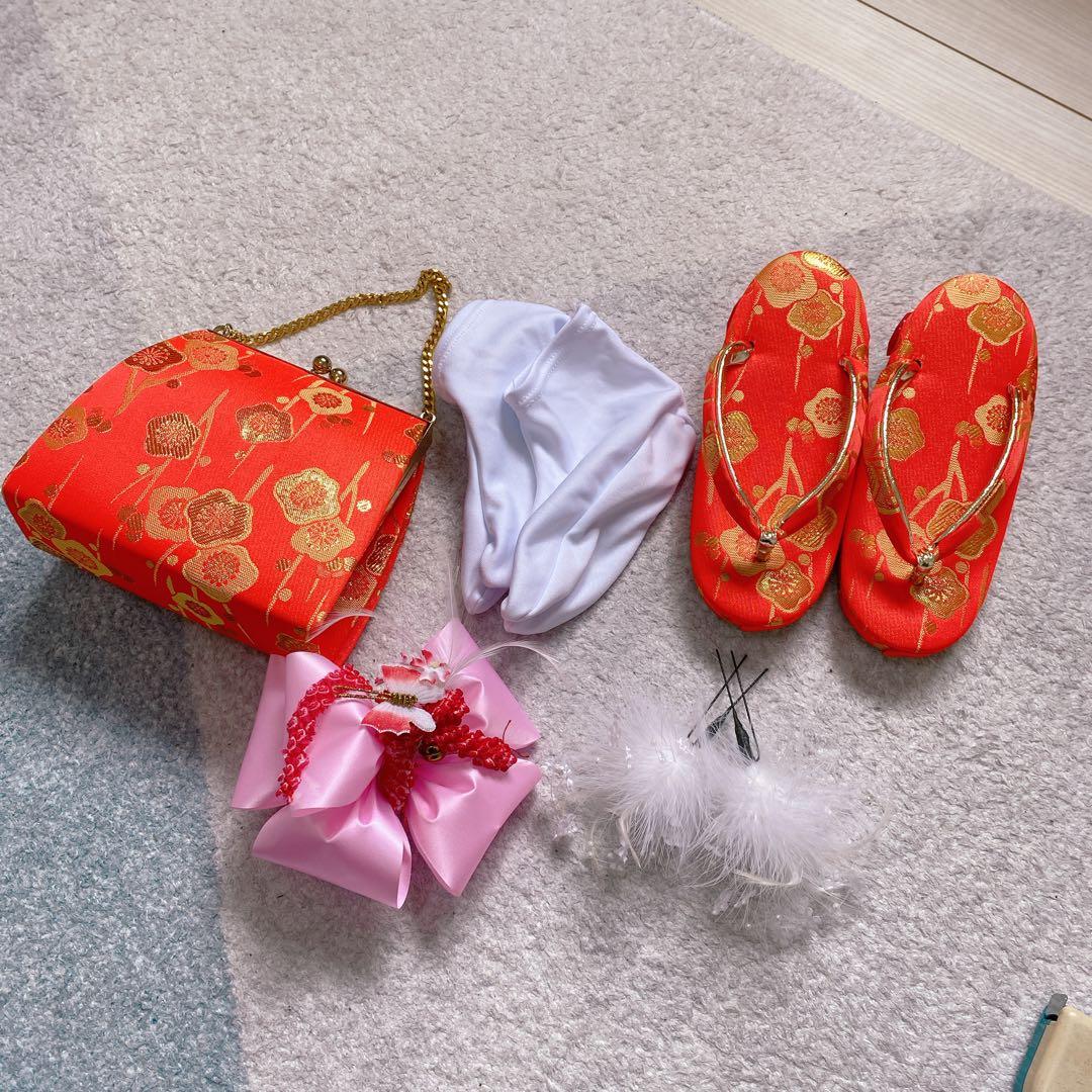 七五三 3歳 正絹 着物 被布 バッグ 草履 髪飾り セット