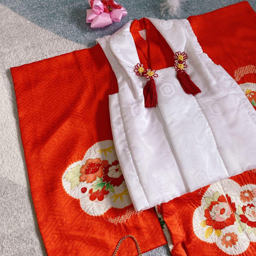 七五三 3歳 正絹 着物 被布 バッグ 草履 髪飾り セット