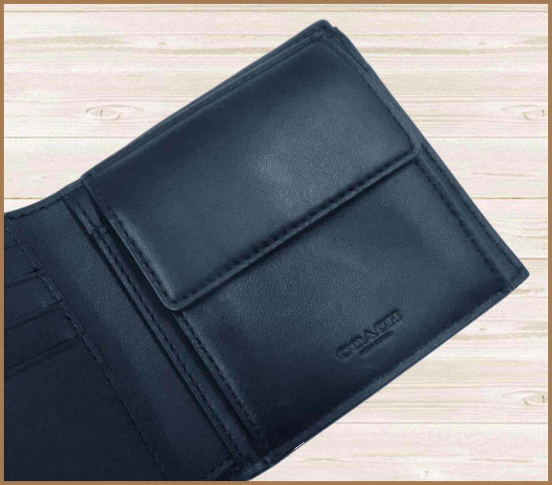【新品】コーチCOACH二つ折り財布ウォレットシグネチャーレザー紺ネイビー