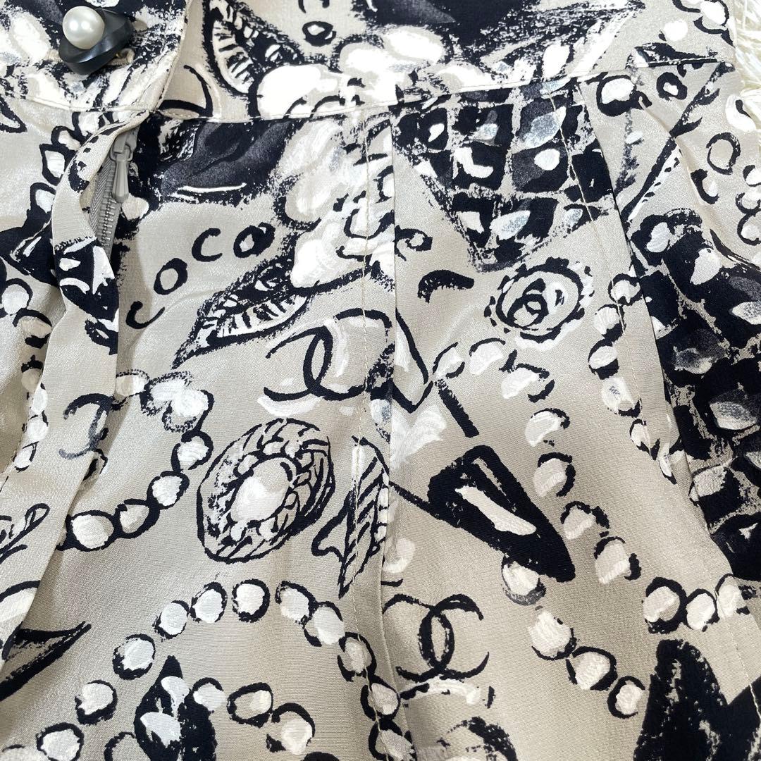 シャネル パールボタン カメリアココマーク総柄 シルク100% キュロットパンツ