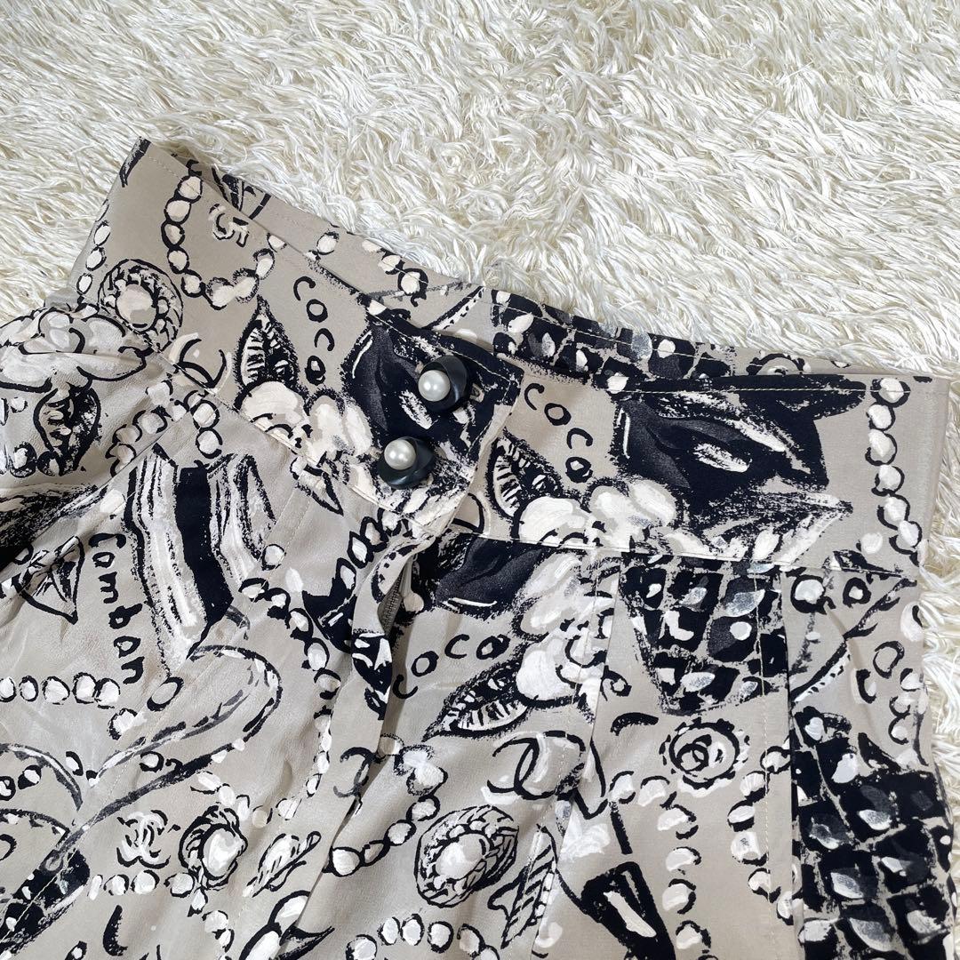 シャネル パールボタン カメリアココマーク総柄 シルク100% キュロットパンツ