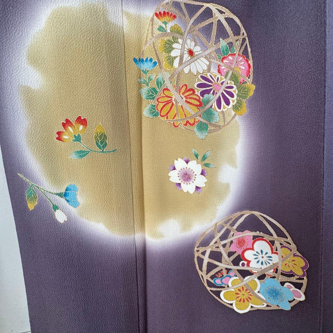 超美品　正絹　袷　訪問着　着物　168　裄70　ちりめん　金彩　紫　藤色　トール