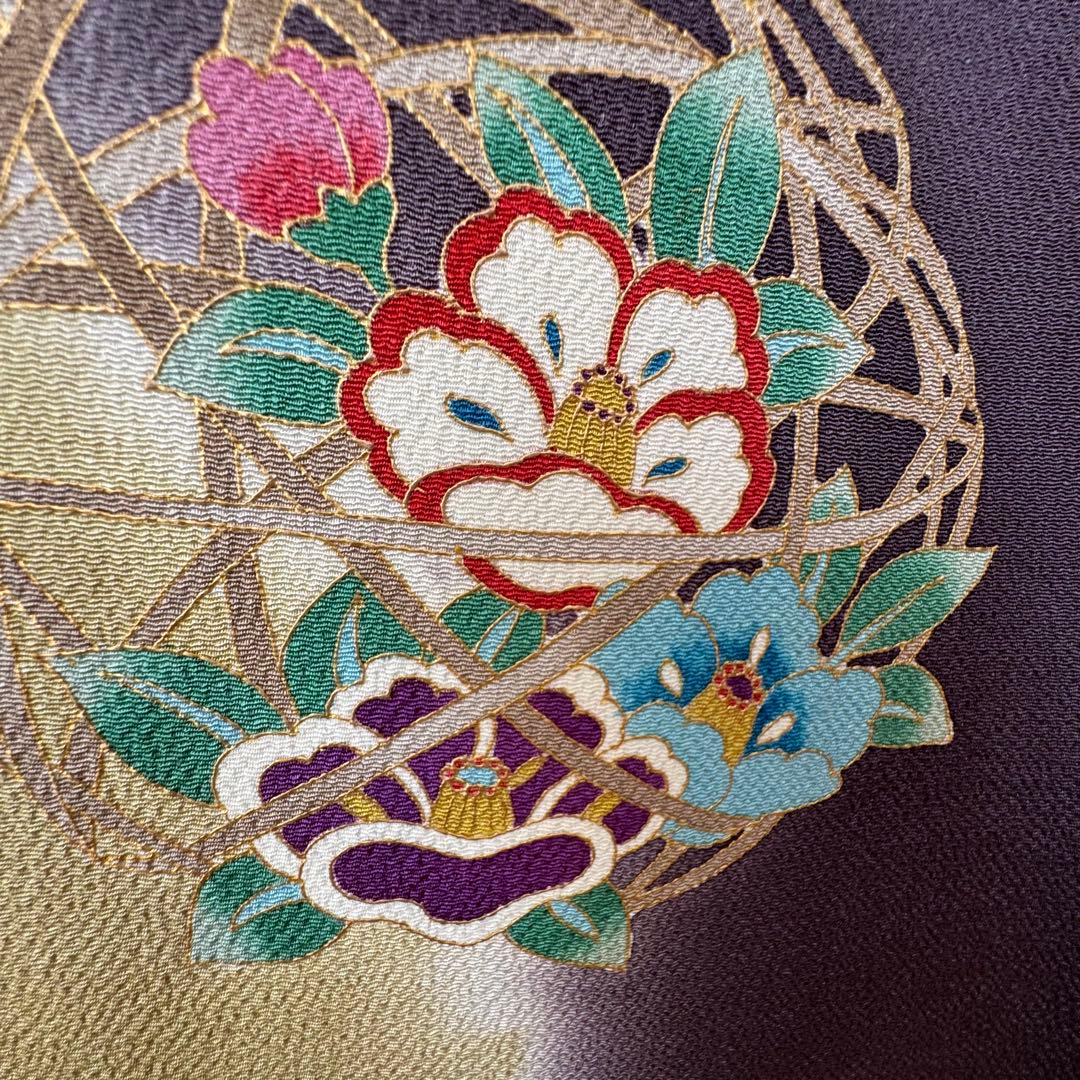 超美品　正絹　袷　訪問着　着物　168　裄70　ちりめん　金彩　紫　藤色　トール